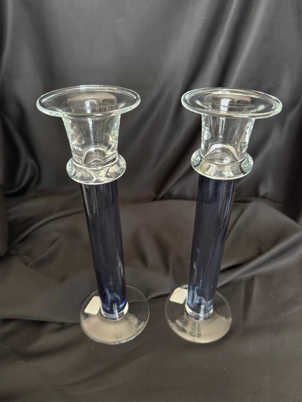 Vintage Crate and Barrel Cobalt Blue and Clear Tubular Candleholders Set of 2